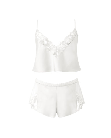 Leonora Luxury Satin Cami and Short Set White/Sheer